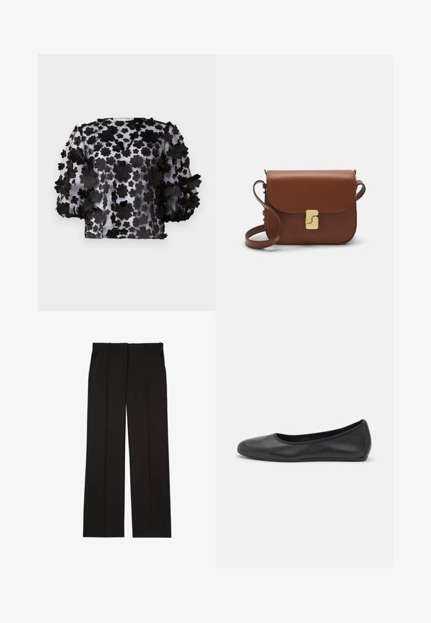 Schwarze durchsichtige Bluse mit V-Ausschnitt und Puffärmeln, verziert mit überlagerten Blumenapplikationen. Leichter, strukturierten Stoff mit transparenter Optik.; Schwarze, maßgeschneiderte Hosen aus einem glatten Stoff, mit geradem Bein und zwei Seitentaschen. Elegante und minimalistische Konstruktion.; Schwarze Leder-Ballettschuhe mit abgerundeter Spitze, glatter Textur, minimalen Nähdetails und einem flexiblen Sohlen-Design.; Braune Ledertasche mit Klappenverschluss, Beschlägen in Goldfarbe, einem Schultergurt und einer glatten Oberfläche. Kompakte rechteckige Form.