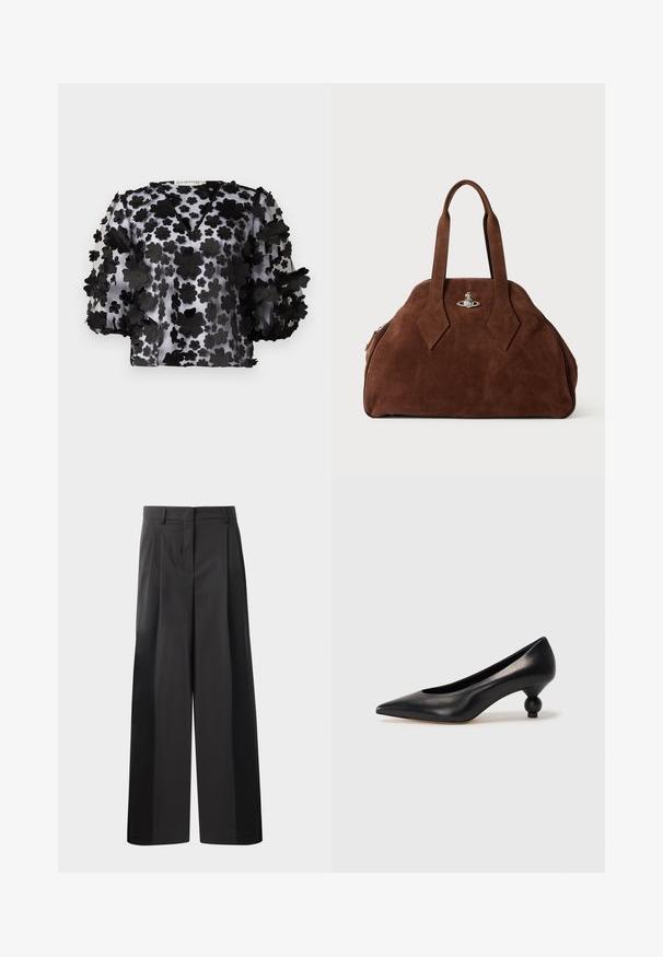 Sort gennemsigtig bluse med V-hals og pufærmer, prydet med lagdelte blomsterapplikationer. Letvægts, struktureret stof med en gennemsigtig fremtoning.; Sort brede bukser med høj talje, med folder foran, en glat tekstur og en skræddermæssig finish. Designet til en afslappet pasform.; Sort læder høje hæle med spids tå og rund, kugleformet hæl. Glat tekstur med et stilrent, minimalistisk design.; Brun suede håndtaske med en struktureret form, rund krop og forlængede diamantformede håndtag. Har en hardwarelukning i sølv.