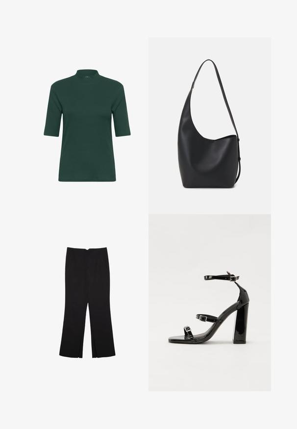 Dark green ribbed short-sleeve top with a high neck and a fitted silhouette. Smooth texture, minimalistic design, no visible patterns or accents.; Black trousers with a straight fit, featuring front pockets and side slits at the hem. Made of soft, smooth fabric. Suitable for various occasions.; Black patent heeled sandals with a square toe, ankle straps, and silver buckles. Features a chunky block heel for stability.; Black leather hobo bag with a smooth texture, curved shape, and single adjustable strap; features a wide opening at the top.