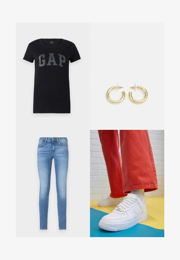 Zwart t-shirt met korte mouwen van katoen met een ronde hals. Voorzien van een groot grijs "GAP" logo dat over de voorkant is gedrukt.; Slim-fit lichtblauwe spijkerbroeken met een middelhoge taille, vooraan met knoopsluiting en een vijf-pocket ontwerp.; Witte leren sneaker met geperforeerde teenbox, gestructureerde zool en witte veters, gecombineerd met wijde rode broeken en een blauw-geel achtergrond.; Gouden creolen met een gladde, glanzende afwerking. Circulaire vormgeving met een kleine post en een doorzichtige achterkant voor een veilige draagervaring.