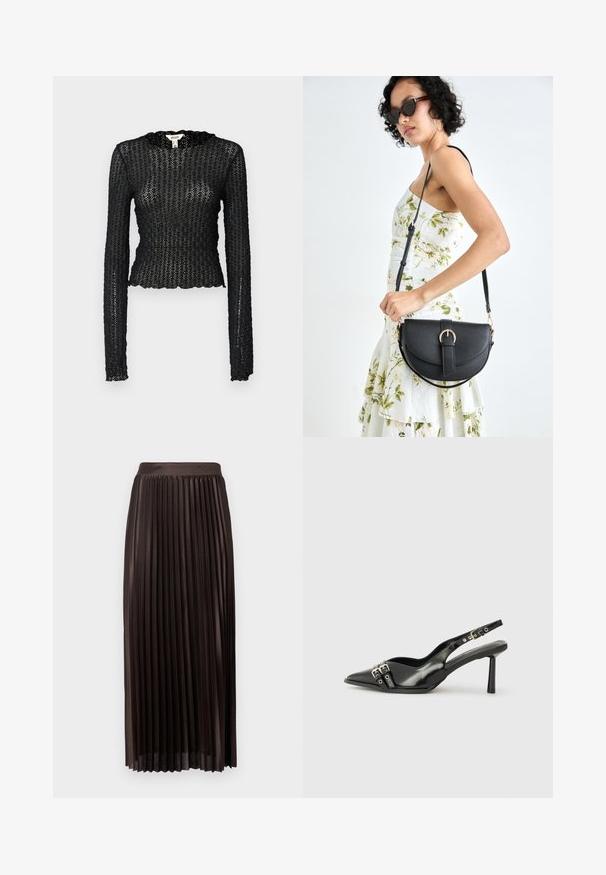 Juodas ilgomis rankovėmis viršus, pagamintas iš tekstūruoto nėrinių, su išpjovimu kakle ir prigludusia siluetu, turinčiu trumpa palaidinuko forma.; Ruožo vidutinio ilgio sijonas tamsiai rudos spalvos medžiagoje, su lygiu juosmeniu, ilgio iki grindų dizainu ir vertikaliais raukiniais, suteikiančiais papildomą tekstūrą.; Juodas lakuotas odinis batelis su smailiu pirštu, kulkšnies dirželiais su sidabrinėmis sagtimis ir detalėmis, bei plonu kulnu.; Juodas odinis krepšys su išlenkta forma, nuimamu dirželiu ir auksiniais detalėmis. Krepšys turi kilpą su sagtimi.