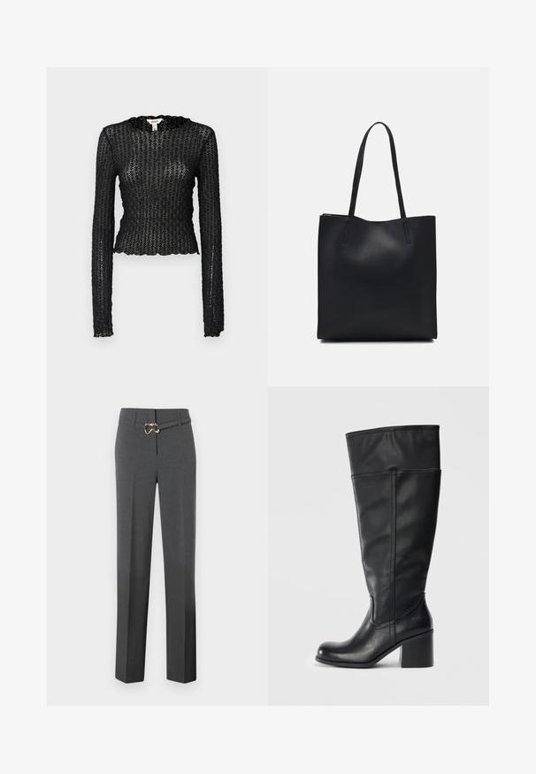 Black long-sleeve top made of textured lace, featuring a scalloped neckline and fitted design with a cropped silhouette.; Dark gray tailored women's trousers with straight legs and a thin matching belt featuring a gold-tone buckle.; Knee-high black leather boots with a block heel, smooth texture, and stitching detail along the sides. Simple and modern design.; Black leather tote bag with smooth texture, rectangular shape, and two long handles. No visible hardware or embellishments.