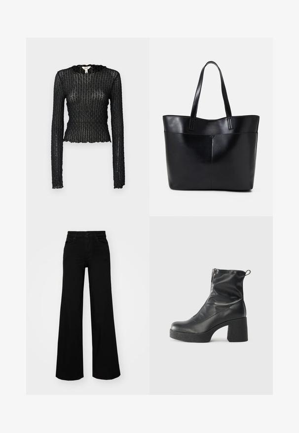 Czarna bluzka z długim rękawem, wykonana z teksturowanej koronki, z falbaniastym dekoltem i dopasowanym krojem o skróconym fasonie.; Czarne szerokie spodnie dżinsowe z usztywnionym pasem, szlufkami na pasek i kieszeniami z przodu. Gładka faktura o klasycznym fasonie.; Czarne botki za kostkę wykonane z gładkiej skóry, wyposażone w boczny zamek błyskawiczny, masywny teksturowany obcas oraz zaokrąglony czubek.; Czarna skórzana torba na ramię z dwoma długimi uchwytami, gładką teksturą i sztywną formą. Posiada przednią kieszeń dla dodatkowego przechowywania.