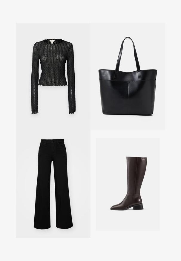 Schwarzes Langarmoberteil aus strukturiertem Spitzenstoff, mit einem gewellten Ausschnitt und einer engen Passform im kurvenreichen Schnitt.; Schwarze weit geschnittene Hose aus Denim, mit einem strukturierten Bund, Gürtelschlaufen und Fronttaschen. Glatte Textur mit klassischem Design.; Knöchelhohe, braune Lederstiefel mit glatter Oberfläche, abgerundeter Spitze und gestapeltem schwarzen Absatz. Schlichtes Design mit minimalen Hardware-Details.; Schwarze Leder-Shopper-Tasche mit zwei langen Griffen, einer glatten Textur und einer strukturierten Form. Verfügt über eine Vordertasche für zusätzlichen Stauraum.