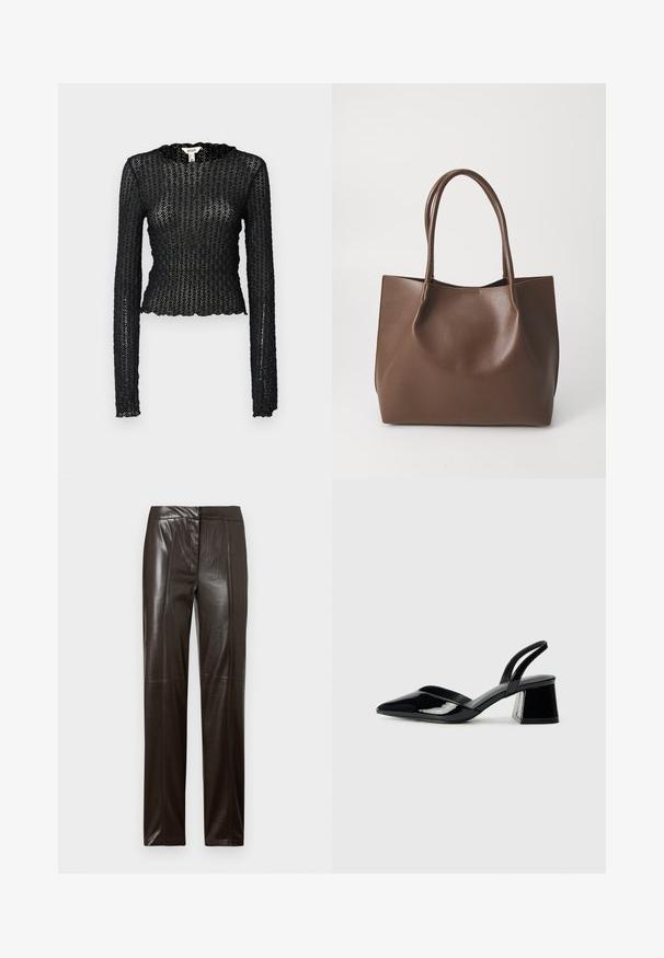 Top preto de manga longa, feito de renda texturizada, apresentando um decote em scallop e um design ajustado com uma silhueta curta.; Calças de couro de perna straight, castanho-escuro, com um acabamento suave e detalhes de costura subtil ao longo da frente.; Sandy em verniz preto com salto slingback, ponta afilada e salto geométrico. Apresenta um design elegante e minimalista com textura suave.; Bolsa tote de couro castanho com duas alças longas, forma estruturada, textura suave e design minimalista. Sem hardware ou acentos visíveis.