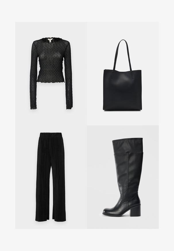 Svart langermet topp laget av teksturert blonder, med en bølget halslinje og tettsittende design med en kort silhuett.; Sorte plisserte bukser med elastisk midje. Har vide ben og et glatt, strukturert stoff med vertikale striper.; Knehøye svarte skinnstøvler med blokkhelning, glatt tekstur og sømdetaljer langs sidene. Enkelt og moderne design.; Svart lær tote bag med glatt tekstur, rektangulær form og to lange håndtak. Ingen synlige deler eller dekorasjoner.