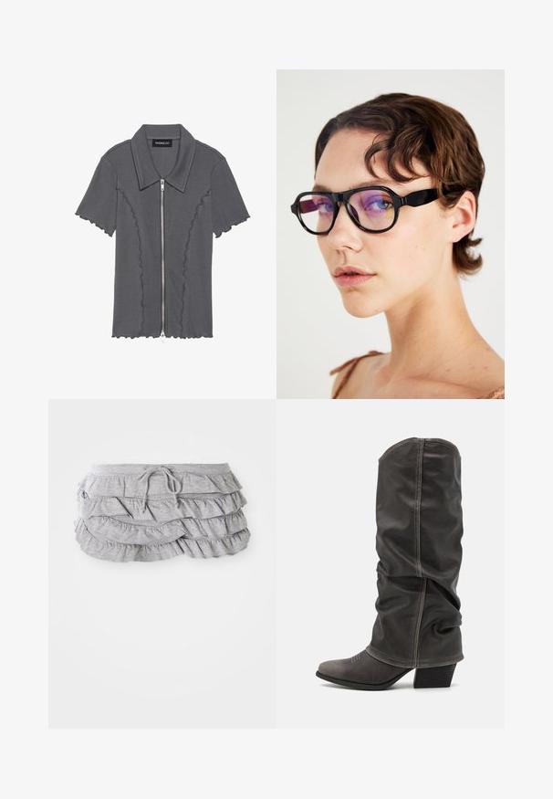 Hallhargne lühikeste varrukatega särk, millel on lukuklapp ja laineline äär. Omab ribatekstuuri ja krae. Brändi silt: even&odd.; Hallide rüüdiga seelik, millel on kihiline kangamuster, nööriga vöökoht, pehme tekstuur, viimistletud servad ja voolavad rüüd.; Hallid hall nahk-saapad, mis ulatuvad säärtesse ja millel on lohkuv disain, terav nina ja kihiline konts. Tähelepanuväärne õmblemise detail varvaste piirkonnas.; Mustad mustad prillid lillatooniliste läätsedega, paksu raamiga ja siledate külgede ning modernse disainiga.; Hallhallane hall kott halliga, kahe lühikese käepidemega, esiküljel tasku ja silmapaistva musta tähega "K". Omab nupuga sulgemist ja tekstuurset materjali.