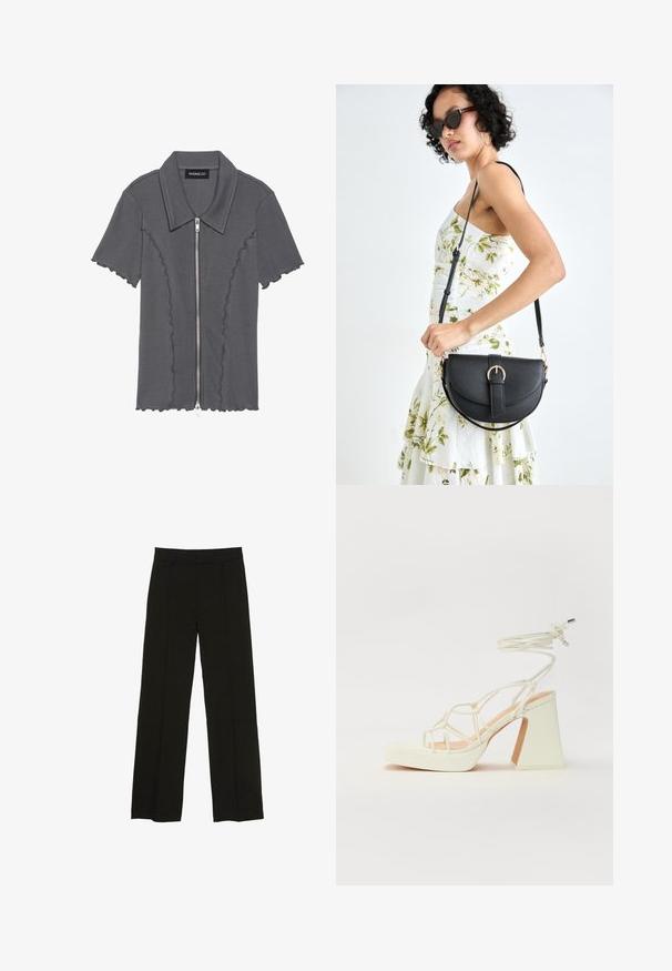 Szara koszulka z krótkim rękawem z zapięciem na zamek i falbanym dołem. Posiada prążkowaną fakturę i kołnierzyk. Metka: even&odd.; Czarne spodnie szerokie na nogawkach wykonane z gładkiego materiału, z dopasowanym paskiem w talii i subtelnymi fałdami z przodu, które dodają tekstury.; Biała sandał na wysokim obcasie z masywnym słupkiem, z paskowym wzorem i wiązaniem przy kostce. Gładka faktura z platformą z przodu dla dodatkowej wysokości.; Czarna skórzana torebka o zakrzywionym kształcie, z odpinanym paskiem i złotymi akcentami. Torebka posiada klapę z zapięciem w kształcie klamry.