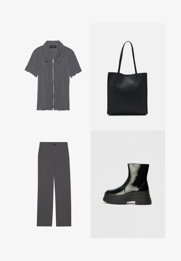 Szürke, rövid ujjú ing, cipzárral és fodros alsó résszel. Vibráló textúrával és gallérral rendelkezik. Márkaneve: even&odd.; Szürke nadrág egyenes lábformával, két oldalsó zsebbe és gombos záródással. Simább anyag, látható minták vagy díszítés nélkül.; Fekete fényes boka csizma vastag bordázott talppal és kerek orral, oldalnézet világos szürke háttér előtt.; Fekete bőrtáska sima felszínnel, téglalap alakú, két hosszú füllel. Nincs látható fémkiegészítő vagy díszítés.