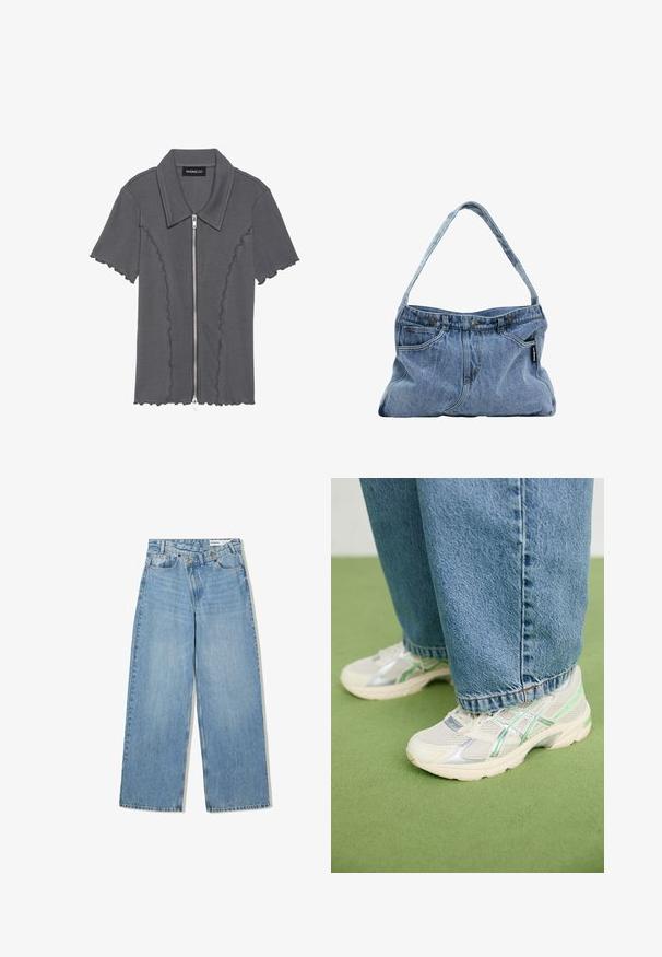 Maglietta grigia a maniche corte con chiusura a zip e orlo ondulato. Presenta una texture a costine e un colletto. Etichetta del marchio: even&odd.; Jeans azzurri a gamba larga realizzati in denim, con vita alta, cinque tasche, chiusura a bottone e una leggera scoloritura per aggiungere texture.; Sneaker bianco e argento in mesh con accenti verdi indossati con jeans blu larghi, in piedi su un pavimento verde in moquette.; Borsa a spalla in denim con tracolla curva, due tasche frontali e cima con bottone, caratterizzata da un tessuto azzurro chiaro e dettagli di cucitura a contrasto.; Orecchini a cerchio in argento con una finitura liscia e lucida. Presentano una forma ovale unica e un design di chiusura sicura. Marcati "925" per argento sterling.