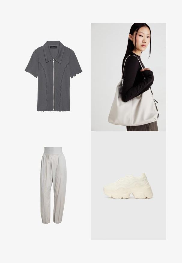 Harmaa lyhythihainen paita, jossa on vetoketjusuljenta ja aaltoileva helma. Sisältää ribbikuvion ja kauluksen. Brändilogo: even&odd.; Vaaleanharmaat, kevyet housut, joissa on joustava vyötärö, kootut hihansuut ja sivusaumoissa hienovarainen rakenne koko matkalta.; Paksut valkoiset lenkkarit, jotka on valmistettu teksturoidusta verkosta ja synteettisistä materiaaleista. Kenkäparissa on paksu pohja ja monimutkaisat kuviohuokoset sivuilla.; Beige laukku, joka on valmistettu pehmeästä materiaalista, ja siinä on rento muotoilu, ommeltu yksityiskohtia ja kaksi olkahihnaa. Sopii päivittäiseen käyttöön.