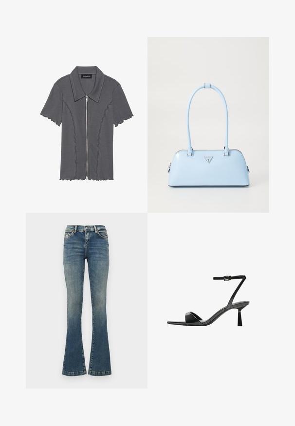 Grå kortärmad skjorta med dragkedja och vågformad fåll. Har ribbad textur och krage. Märkeslapp: even&odd.; Uppsvingade blåjeans i denim, med blekning, fem fickor, knappstängning och sömnadsdetaljer vid midjan.; Bershka Sandaletter - black; Ljusblå handväska med en strukturerad form, slät lädermaterial, två handtag och en triangulär logotyp framtill. Dragkedjestängning.