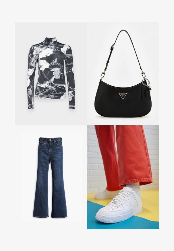 G-STAR PRINTED MOCK SLIM FIT - Bluză cu mânecă lungă - black liquid; Jeans din denim dark blue, cu talie înaltă, picioare evazate, închidere cu buton și fermoar în față, și design cu cinci buzunare.; Tenis alb din piele cu fanta pe vârful piciorului, talpă texturată și șireturi albe, purtat cu pantaloni larga roșii și un fundal albastru și galben.; Geantă de umăr sintetică neagră cu o siluetă curbată, finisaj texturat, logo triunghiular aurie și accente hardware detașabile.