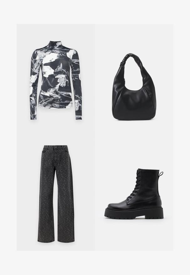 G-STAR PRINTED MOCK SLIM FIT - Long sleeved top - black liquid; Noisy May NMJANNEL LOOSE - Relaxed fit jeans - black denim; Black leather ankle boots with a round toe, lace-up front, and a thick rubber sole featuring a textured tread. Pull tab at the back.; Black hobo bag made of smooth leather-like material with a twisted handle, featuring a soft, rounded shape and a top zipper closure.; Silver hoop earrings with a minimalist design. Circular shape, smooth texture, and thin profile. Lightweight with a polished finish.
