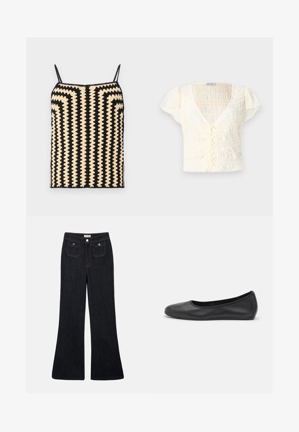 By Malene Birger DORIA - Topper - black/white; Kremfarget topp med korte ermer, smocket tekstur, V-hals og knappelukking. Lett materiale med subtile puff-ermer.; Utsvingte mørke denimbukser med høy midje, to frontlommer og oransje søm. Materialet ser robust og glatt ut.; Svart skinnballettflatt med rund tå, glatt tekstur, minimal sømdetalj, og et fleksibelt såledesign.