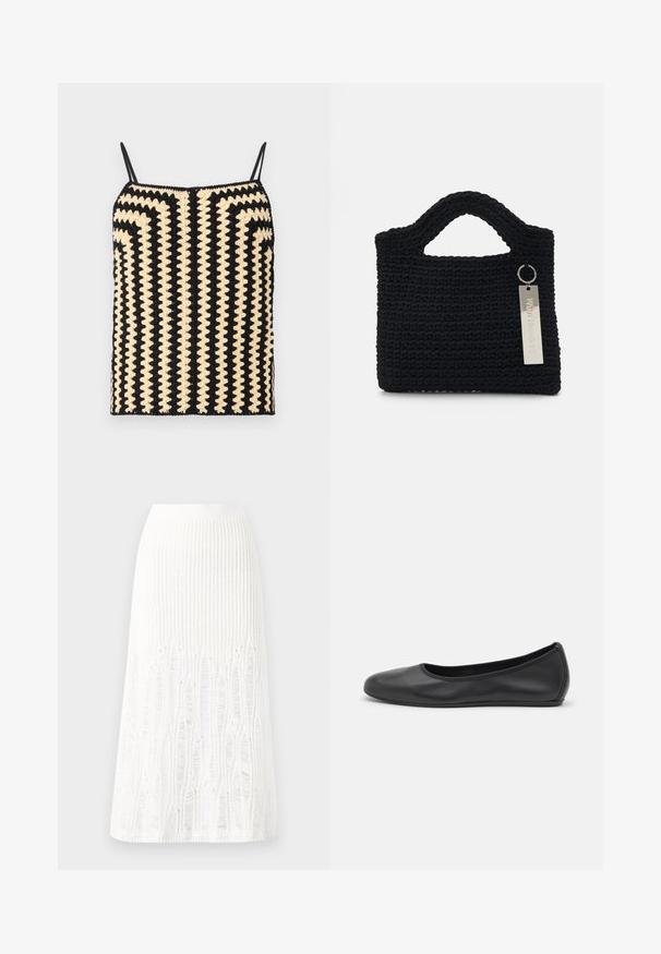 By Malene Birger DORIA - Topp - black/white; Kootud valge midi seelik, millel on tekstuurine muster vertikaalsete joonte ja lõike-detailidega hemmi lähedal. Elastne vöökoht. Pehme materjal.; Musthave mustika tantsutossud mustast nahast, ümmarguse varbaga, siledast tekstuurist, minimaalse õmblusdetailiga ja paindliku tallakujundusega.; Won Hundred MARSIELLE COMPUTER BAG UNISEX - Sülearvutikott - black