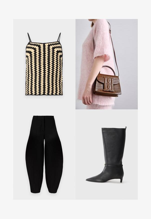 By Malene Birger DORIA - Topp - black/white; Mustad vööga laiad püksid, millel on pleeritud esikülg ja kitsenevad pahkluud. Valmistatud siledast kangast mattpinnaga.; Must musta põlvik, terava ninaga, millel on ümber pahkluu ümar rihm ja madal, kergelt kitsenev konts. Sile tekstuur.; Pruun krokodillimustriga käekott koos ülemise käepideme ja õlavöödiga. Esiküljel on väljapaistev logo. Pehme tekstuur.