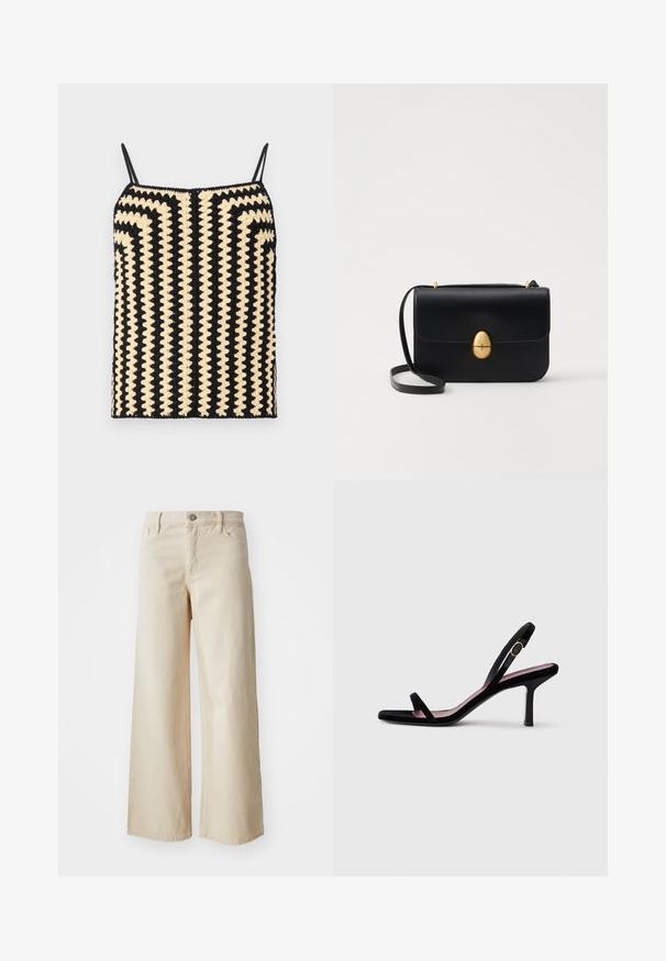 By Malene Birger DORIA - Tops - black/white; Bēša plata kāju džinsi, izgatavoti no denima, ar augstu jostasvietu, pogu aizdari, jostas cilpām un sānu kabatām. Gluda tekstūra un brīva piegriezuma.; Melna zamšaina sieviešu augstpapēžu sandaļi ar šaurām siksnām un zeltītu sprādzi uz baltā fona, sānu skats.; Melnas ādas rokassomu ar strukturētu taisnstūra formu. Iespējas zelta ovāla slēdzis un plāns plecu siksna. Gluda tekstūra.