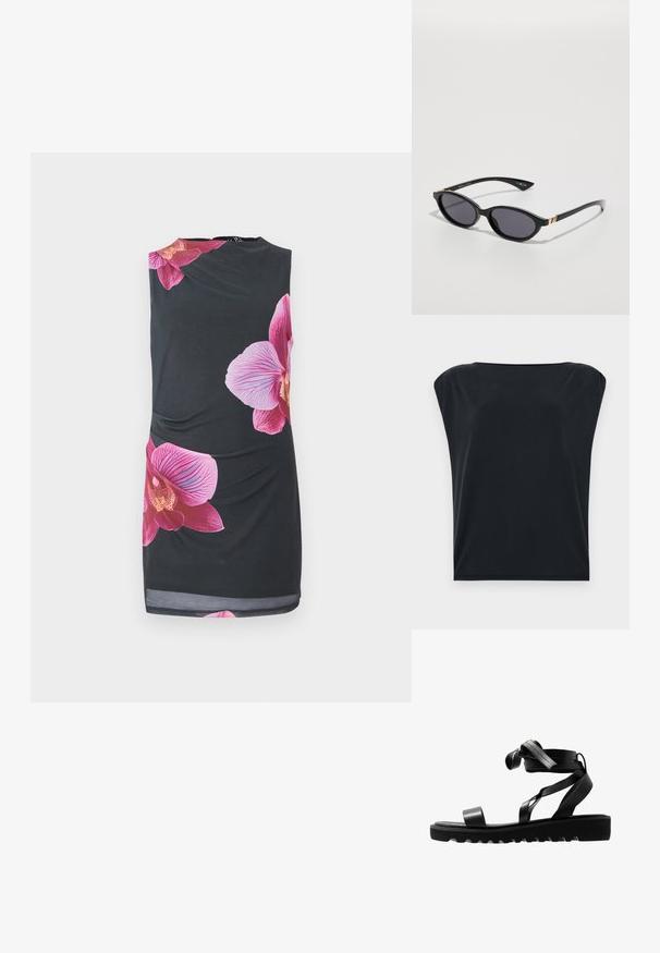 Melnā īsās piedurknes blūze ar brīvu piegriezumu, izgatavota no gludas, mīkstas auduma un ar plašu apaļu apkakli. Vienkāršs, minimālisks dizains.; Melna bezpiedurkņu kleita ar lieliem rozā orhideju rakstiem, gluda tekstūra, pieguļošs dizains ar salocījumiem sānos, līdz ceļiem.; Melni sandales ar teksturētu zoli, ar šaurām siksnām un mezglošanas dizainu. Izgatavotas no eleganta materiāla, moderno formu un atvērtu purngalu.; Melni saulesbrilles ar ovālām lēcām, tumši gradienta tonējumā, un šaurām kājām ar smalkiem zelta akcentiem. Gluda plastmasas apdare.; Pelēka lielizmēra kapučjakete ar kanguru kabatu, kombinēta ar tumši lazdu svārkiem. Aksesuārs: liela gaismas dzeltena mugursoma ar gludu tekstūru.