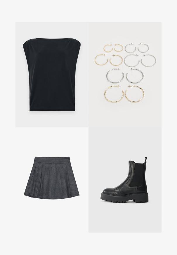 Črn kratkoshotni top s sproščenim krojem, narejen iz gladkega, mehkega materiala in širokega okroglega izreza. Preprost, minimalističen dizajn.; Siva krpasta krila z gumbnim pasom, razširjenim A-linijskim oblikom in mehkim tekstilom. Vertikalne črte povečujejo vizualno zanimanje.; Črne usnjene gležnjarje z elastikami na straneh, zaokroženim nosom in debelim teksturiranim gumijastim podplatom. Imajo zanko za zategovanje na hrbtni strani.; Set dvanajstih uhvorov v srebrnih in zlatih odtenkih. Vključuje zvite, gladke in teksturirane modele v različnih velikostih in končnih obdelavah.