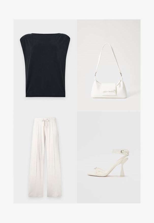 Fekete, rövid ujjas felső, laza szabással, sima, puha anyagból, széles, kerek nyakkivágással. Egyszerű, minimalista dizájn.; Világos bézs színű, puha anyagból készült melegítőnadrág, állítható derékkal, széles lábakkal és függőleges varratokkal, sima felülettel.; Fehér bőr, pántos, magas sarkú szandál, letisztult limezéssel, átlátszó blokk sarkakkal és díszítő elemmel a lábujjaknál.; Fehér szintetikus kézitáska, háromszög alakú, lapos előlap, masni részlettel, állítható pánttal, sima textúrával és minimalista dizájnnal.