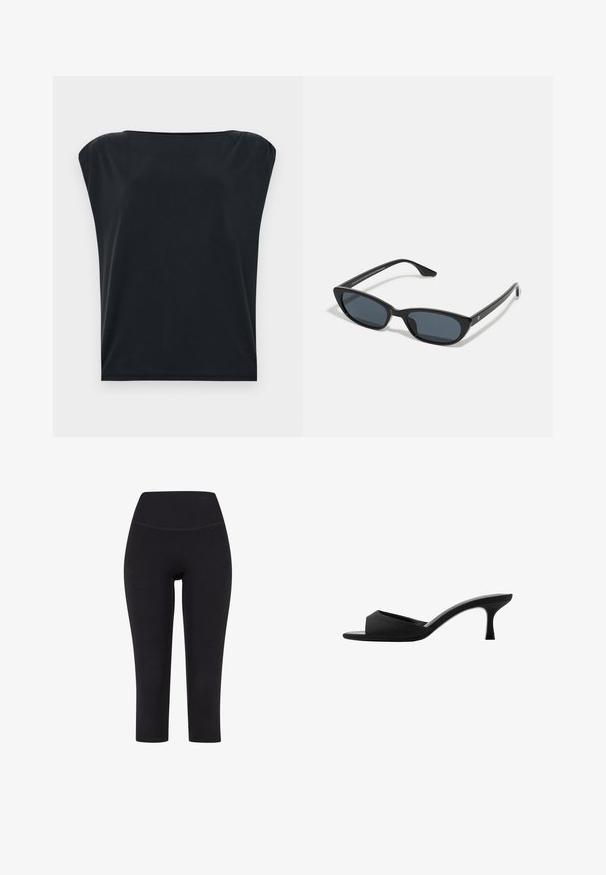 Černý top s krátkým rukávem a volným střihem, vyrobený z hladké, měkké látky s širokým kulatým výstřihem. Jednoduchý, minimalistický design.; Černé legíny tříčtvrteční délky vyrobené z elastického materiálu, s vysokým pasem a bez viditelných vzorů či kovových prvků.; Černé lodičky na vysokém podpatku s širokým, otevřeným špičkou a zakřiveným svrškem. Vyrobené z texturované látky, mají štíhlý podpatek a hladkou podrážku.; Černé sluneční brýle typu cat-eye s tmavými skly, plastovým rámem, úzkými nohami a jemným brandingem na vnitřní straně ramene. Matte povrchová textura.