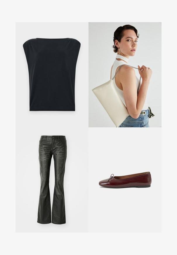 Fekete, rövid ujjas felső, laza szabással, sima, puha anyagból, széles, kerek nyakkivágással. Egyszerű, minimalista dizájn.; Fekete műbőr, bővülő szárú farmernadrág elülső zsebekkel, fémből készült gombos záródással és enyhén textúrázott felülettel. Egyenes szárú, hosszú fazon.; Burgundi lakkbőr balettcipő kerek orral, elöl kis masni díszítéssel és alacsony, fekete gumi talppal. Simára csiszolt felület.; Fehér, téglalap alakú, fényes anyagból készült clutch táska, ezüst láncos pánttal. A modell pózol, bemutatva a táskát egy egyszínű háttér előtt.
