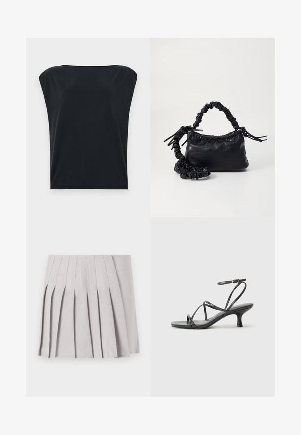 Svart kortärmad topp med avslappnad passform, tillverkad av mjukt och slätt tyg samt har en bred rund halsringning. Enkelt, minimalistiskt design.; Grå plisserad kjol med en slät textur, som har flera vertikala veck och en åtsittande midja. Tillverkad av lättviktig tyg.; Svarta klacksandaler med tunna remmar, öppen tådesign och en liten, utställd klack. Materialet ser slätt och glansigt ut.; Svart faux läderhandväska med krokodiltextur, snodd topp och en skrämd rem. Ser mjuk och kompakt ut i designen.