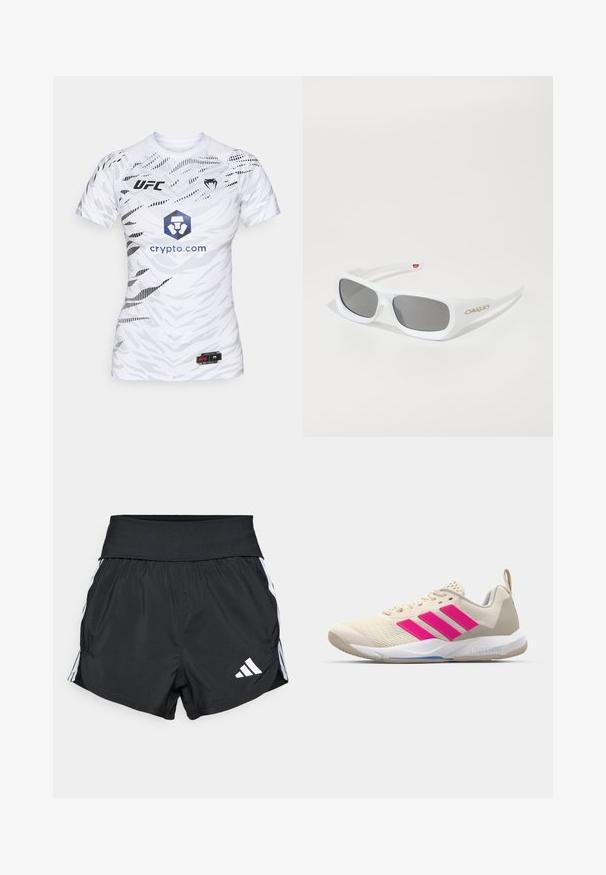White short-sleeve sports shirt with a geometric pattern. Features UFC logo, blue hexagon graphic with "crypto.com" text, and black accents.; Black athletic shorts made of lightweight material, featuring a wide waistband, white side stripes, and a small white logo on the lower hem.; Beige athletic shoe with pink three-stripe logo, textured mesh upper, padded collar, and white rubber sole, featuring "LIGHTSTRIKE" branding.; White rectangular Oakley sunglasses with dark lenses resting on a white surface, logo visible on the side.