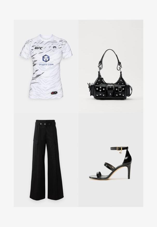 Maglietta sportiva bianca a maniche corte con un motivo geometrico. Presenta il logo UFC, una grafica esagonale blu con il testo "crypto.com" e accenti neri.; Pantaloni neri a gamba larga con vita alta, dotati di ampie tasche laterali, due bottoni frontali e un dettaglio a anello. Realizzati in un tessuto resistente.; Sandalo in pelle verniciata nera con tre cinturini, fibbia alla caviglia e tacco a stiletto di 10 cm. Presenta dettagli in hardware dorato e un charm con logo.; Borsa a mano in pelle nera con design curvo, caratterizzata da borchie argentate, una fibbia e due tasche laterali. Tracolla regolabile per diverse opzioni di trasporto.