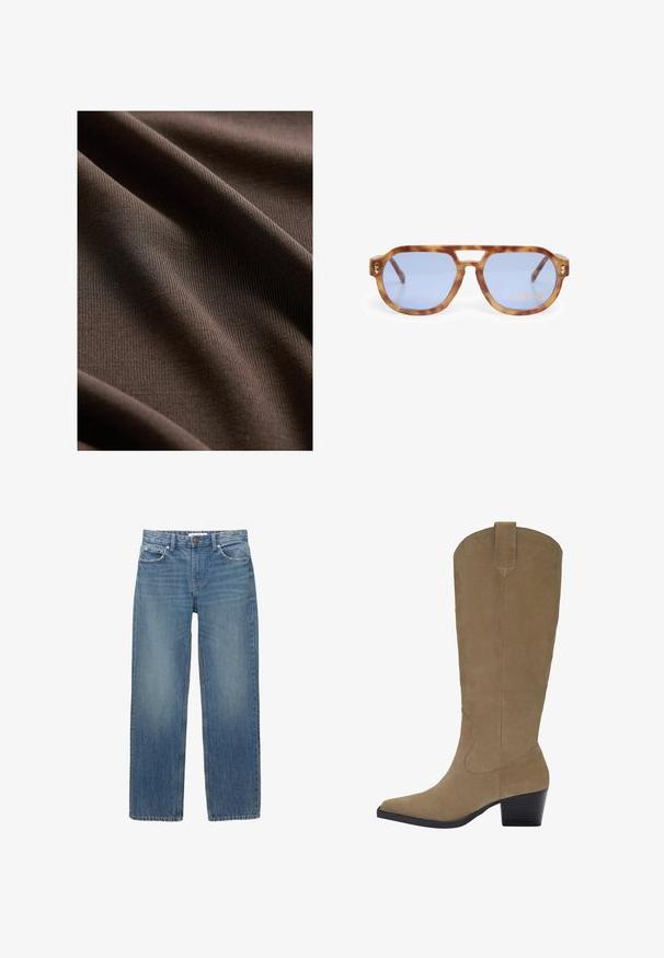 Next REGULAR FIT - SLEEVLESS - Top - chocolate brown; Light blue denim jeans with a straight cut, five pockets, and copper-tone hardware. The fabric has a slight fade and a smooth texture.; Knee-high tan suede boots with a pointed toe, stacked heel, and stitching detail along the sides. Smooth texture and structured design.; Tortoiseshell sunglasses with blue lenses, angular design, thick frame, and nose bridge cutout; features gold accent on the temple.; PULL&BEAR SHOPPER - Tote bag - grey