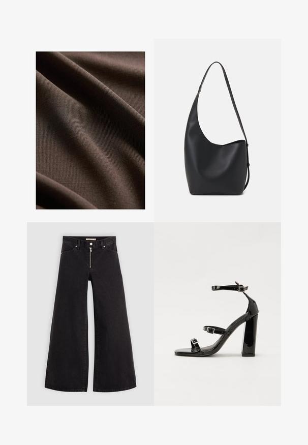 Next REGULAR FIT - SLEEVLESS - Tops - chocolate brown; Platas kājas džinsi melnā džinsa audumā ar rāvējslēdzēju priekšā, piecu kabatu dizains un smalkas šuvju detaļas. Gluda tekstūra un ikdienišķs stils.; Melnas lakotas augstpapēžu čības ar kvadrāta purngalu, potīšu siksniņām un sudraba sprādzēm. Aprīkotas ar masīvu bloku papēdi stabilitātei.; Melnas ādas hobo soma ar gludu tekstūru, izliekta forma un vienu regulējamu jostu; augšā ir plaša atvere.