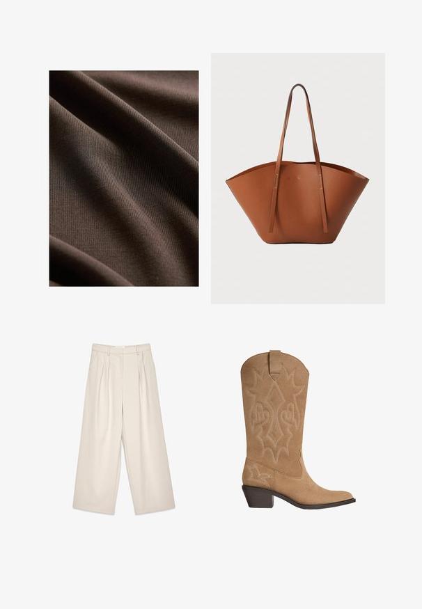 Next REGULAR FIT - SLEEVLESS - Toppi - chocolate brown; Beige leveled trousers with pleats, featuring a smooth texture and belt loops. Tailored cut, providing a loose fit around the legs.; Tan-suede cowboy-kengät, joissa on broderad dekorativt stygn, medelhöga staplade klackar och dragflik på skaftet.; Ruskea nahkabandi, jossa on leveä, jämäkkä muoto, ohuet kahvat ja teksturoitu pinta. Minimalistinen muotoilu, jossa ei ole näkyvää metalliosaa.