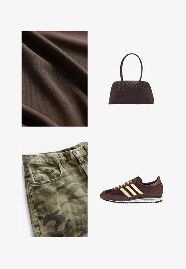 Next REGULAR FIT - SLEEVLESS - Top - chocolate brown; Next Denimové šortky - camo print; Hnedé a bordové tenisky z semišu a sieťoviny, s tromi krémovými pruhmi, textúrovanou tkaninou na jazyku a gumovou podrážkou.; Tkaná hnedá kožená kabelka zaobleného tvaru, s dvojitými hornými uchami a hladkým povrchom; obsahuje jemné prešívanie pre dizajnový detail.