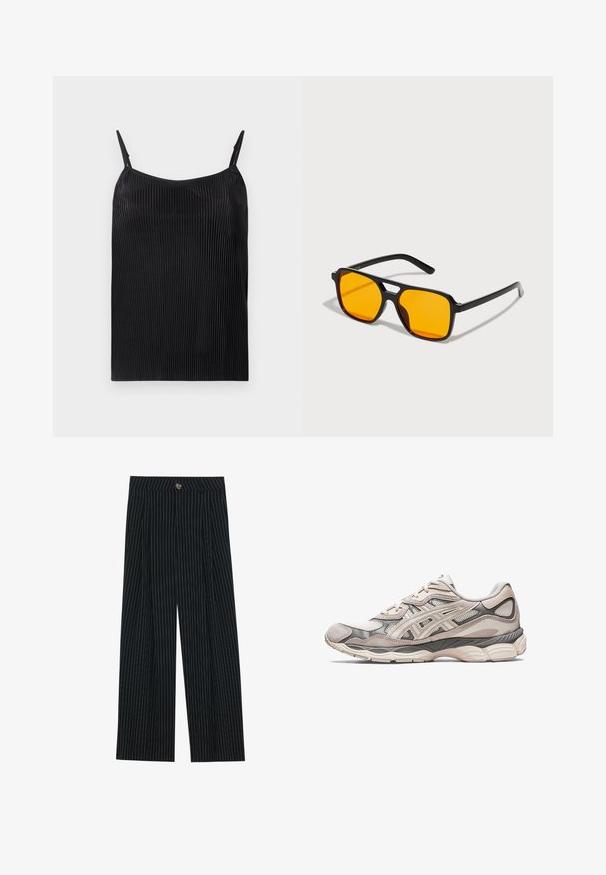 Sort camisole med vertikal ribbet tekstur, tynde justerbare stropper og en løs pasform. Stoffet har en let glans over det hele.; Grå denimskjorte med knaplukning foran, lange ærmer og spidse kraver. Har to forlommer og en afslappet pasform.; Sorte, stribede bukser med vidde, lavet af tekstureret stof. De har en frontlukning med knap og folder for ekstra interesse.; Lys grå atletisk sko med en overdel i mesh og ruskind. Den har en polstret sål, udtalte overlays og et struktureret design.; Sorte rektangulære solbriller med dristige orange linser. Har et unikt brodesign og slanke arme, fremstillet af letvægtsmateriale.