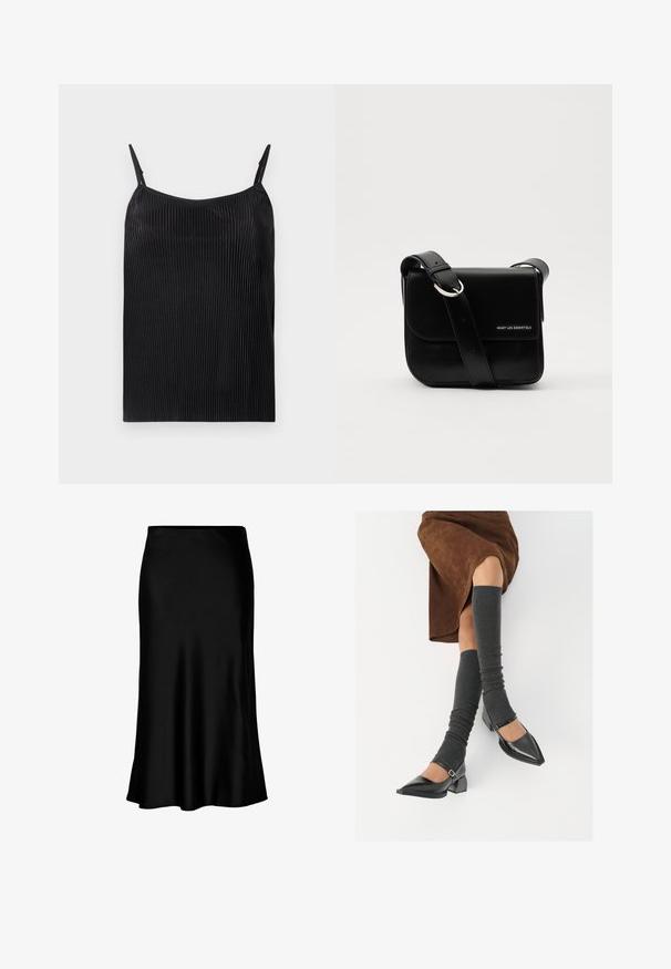 Sort camisole med vertikal ribbet tekstur, tynde justerbare stropper og en løs pasform. Stoffet har en let glans over det hele.; Sort satin midi-nederdel med en glat tekstur, klokkeformet kant og en tætsiddende talje, der har et enkelt, klassisk design.; Sorte patenterede lædersko med spids tå, blokhæl og ankelrem, kombineret med grå ribbede benvarmere og en brun ruskinds nederdel.; WANT Les Essentiels ARCH CROSSBODY UNISEX - Skuldertasker - black