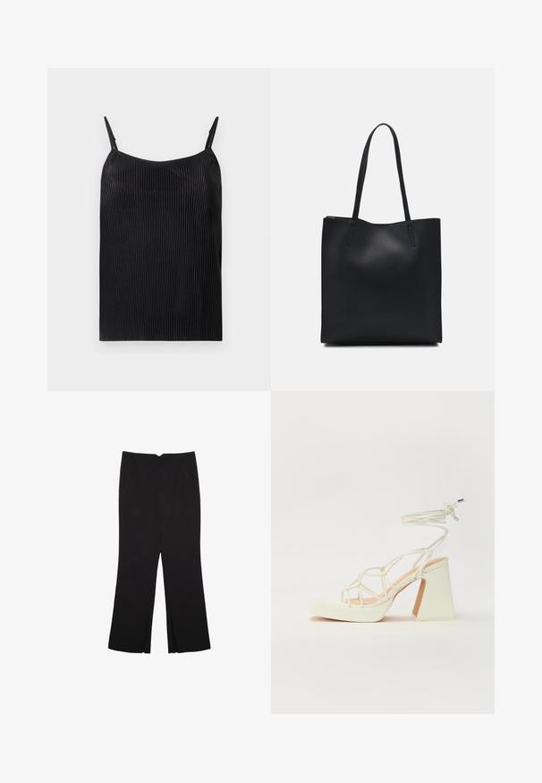 Schwarzes Top mit vertikal gerippter Textur, dünnen verstellbaren Trägern und lockerer Passform. Der Stoff hat einen dezenten Glanz.; Schwarze Hose mit geradem Schnitt, ausgestattet mit Fronttaschen und Seitenschlitzen am Saum. Hergestellt aus weichem, glattem Stoff. Geeignet für verschiedene Anlässe.; Weiße High-Heel-Sandale mit einem klobigen Absatz, die über ein Riemchendesign und ein Knöchelband verfügt. Glatte Textur mit einer Plattform vorne für zusätzliche Höhe.; Schwarze Laptoptasche aus Leder mit glatter Textur, rechteckiger Form und zwei langen Griffen. Keine sichtbaren Beschläge oder Verzierungen.