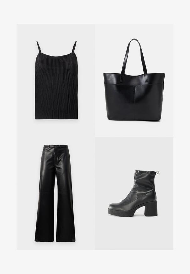 Schwarzes Top mit vertikal gerippter Textur, dünnen verstellbaren Trägern und lockerer Passform. Der Stoff hat einen dezenten Glanz.; Schwarze leichte, weit geschnittene, hochtaillierte Kunstlederhose mit vorderem Knopf, Reißverschluss, Gürtelschlaufen und Seitentaschen auf weißem Hintergrund.; Schwarze Stiefeletten aus glattem Leder mit seitlichem Reißverschluss, klobigem strukturiertem Absatz und runder Zehenform.; Schwarze Leder-Shopper-Tasche mit zwei langen Griffen, einer glatten Textur und einer strukturierten Form. Verfügt über eine Vordertasche für zusätzlichen Stauraum.