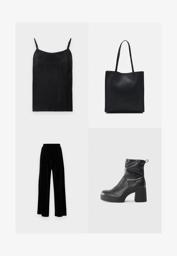 Camisola nera con texture a righe verticali, spalline sottili regolabili e vestibilità ampia. Il tessuto presenta una lieve lucentezza.; Pantaloni neri a gamba larga realizzati in morbido velluto, dotati di una cintura elastica e una superficie liscia, senza dettagli o motivi visibili.; Stivali neri alla caviglia in pelle liscia, con zip laterale, tacco spesso e texture, e punta arrotondata.; Borsa tote in pelle nera con texture liscia, forma rettangolare e due manici lunghi. Nessun hardware o decorazione visibile.