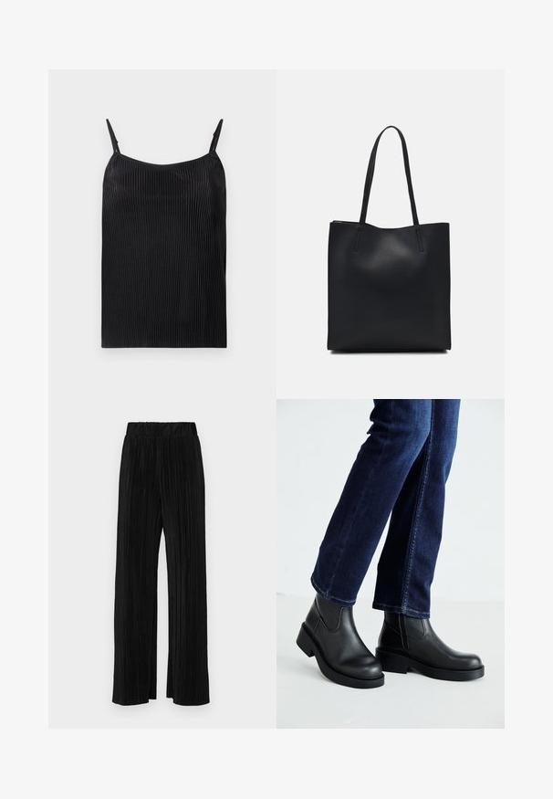 Mustmust särgid, millel on vertikaalne sooniline tekstuur, õhukesed reguleeritavad rihmad ja vabalt langev lõige. Kangas on kogu ulatuses kerge läikega.; Mustad pleekitud püksid elastse vöökohtaga. Omavad laiad jalad ja sujuvat, tekstureeritud kangast vertikaalsete triipudega.; Mustad mustad nahast sääre kõrgused saabastega, millel on paks tald ja küljel elastsed paneelid, kombineeritud tumedate siniste teksadega. Maapind on heledat värvi.; Mustast nahast kott sujuva tekstuuriga, ristkülikukujuline ja kahe pika sangaga. Pole nähtavat riistvara ega kaunistusi.