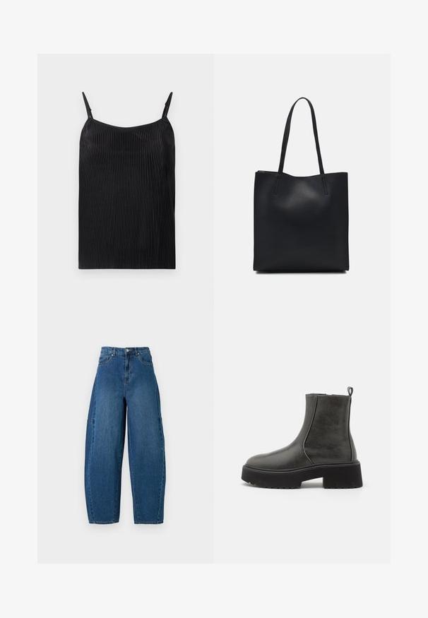 Melnas kamzolas ar vertikālu ribu tekstūru, plāniem regulējamiem siksniņām un brīvu piegriezumu. Audumam ir nedaudz spīdums visā virsmā.; Denim bikses vidējā zilā krāsā ar augstu jostasvietu, platām kājām un standarta piecu kabatu dizainu ar redzamām šuvju detaļām.; Melnas potītes zābaki ar gludu sintētisku virsu, elastīgiem sānu paneļiem, cilpu un masīvu gumijas zoli.; Melnas ādas somiņa ar gludu tekstūru, taisnstūra formu un divām garām rokturiem. Nav redzamu aparatūras vai rotājumu.