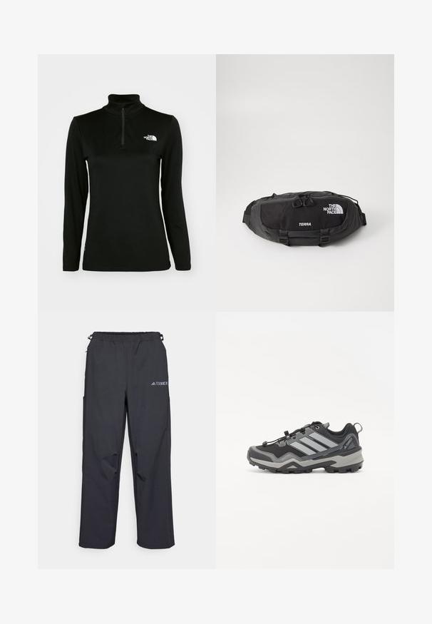Svart langermet genser med høy krage og kvart-glidelås, laget av et glatt stoff, med en hvit logo på venstre bryst.; Sorte, lette utendørsbukser med elastisk midjebånd, sidelommer og en logo på øvre høyre bein. Glatt, vannavvisende stoff.; Svart og grå fjellsko med en teksturert overflate, gummisåle og tre fremtredende grå striper på siden; har et raskt snøringssystem.; Svart midjevogn laget av slitesterk nylon, med en glidelås pocket med dobbel dratt, samt kontrasterende hvit logo og tekst. Kompakt design med justerbare stropper.