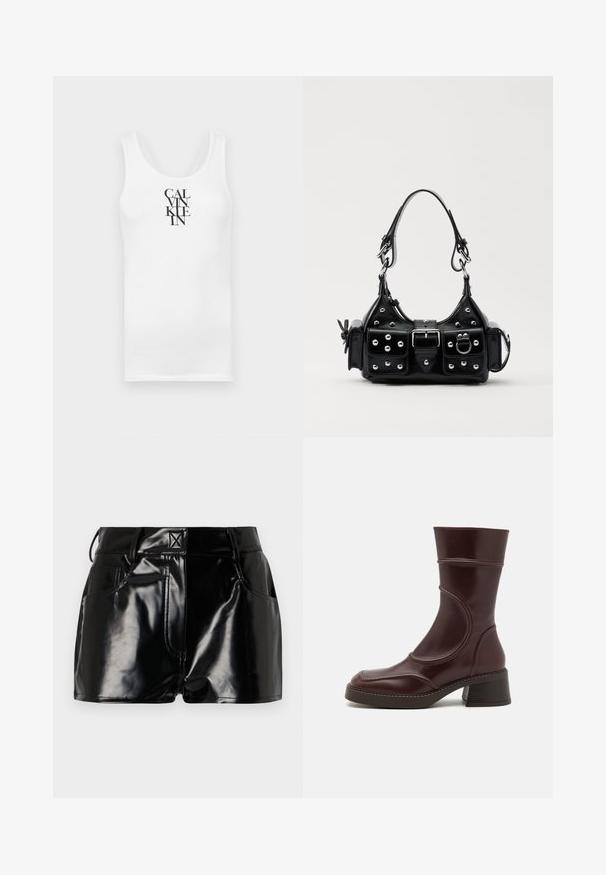White tank top with a round neckline, made of cotton. Features vertical black text "CALVINKLEIN" in a bold serif font.; Black, glossy shorts made of synthetic material. Features a fitted waist, belt loops, and front pockets with prominent stitching details.; MIISTA MALENE - Classic ankle boots - brown; Black leather handbag with a curved design, featuring silver studs, a buckle, and two side pockets. Adjustable strap for carrying options.