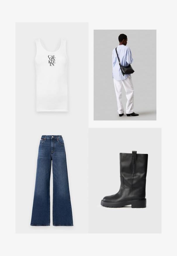 Biela tielko s okrúhlym výstrihom, vyrobené z bavlny. Obsahuje vertikálny čierny text "CALVINKLEIN" v tučnom serifovom písmene.; Džíny so zvýšeným pásom a širokými nohavicami vyrobené z tmavomodrého denimu, s gombíkovým zapínaním, piatimi vreckami a jemným vyblednutím na stehnách.; Čierne kožené vysoké čižmy s elegantným dizajnom, ktoré majú hrubú podrážku a bočný popruh pre jednoduché obúvanie. Výrazné švy ako akcent.; Čierna kožená ramenná taška so mäkkou textúrou, trojuholníkovým tvarom a nastaviteľným popruhom, skombinovaná s svetlomodrou pruhovanou košeľou a bielymi nohavicami.