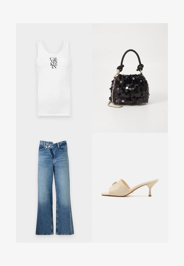 Top alb din bumbac cu decolteu rotund. Prezintă text vertical negru "CALVINKLEIN" într-un font serif îndrăzneț.; Jeans din denim albastru deschis, cu fason evazat și talie înaltă, având două butoane și buzunare frontale. Materialul are o textură decolorată cu variații subtile.; Sandale mule cu vârful deschis din piele lăcuită bej, cu toc stiletto mic. Dispune de un accent decorativ central pe partea superioară. Finisaj neted și lucios.; Geantă mini neagră cu paiete, cu un umar texturat înnodat și un lanț argintiu. Formă rotundă cu partea de sus adunată și detalii reflectorizante.