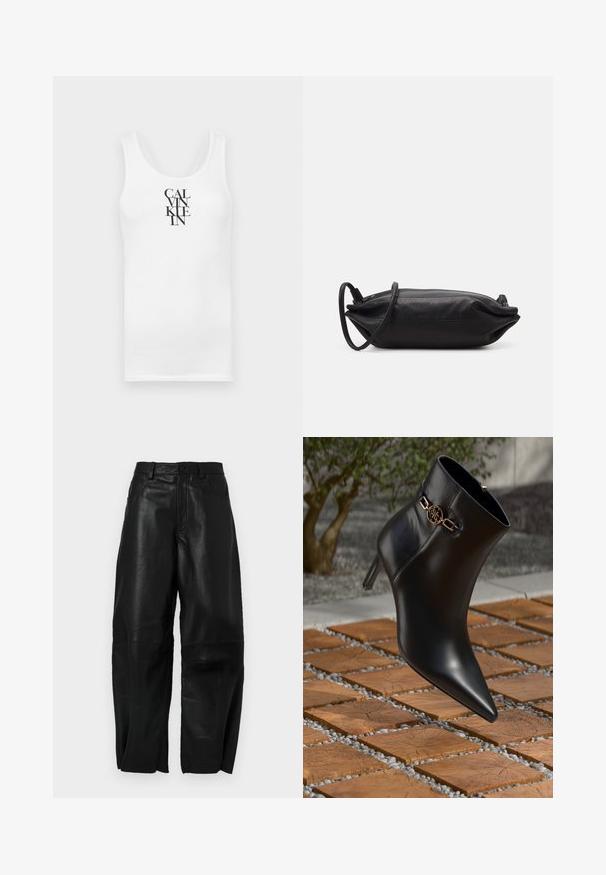 Valkoinen hihaton paita, jossa on pyöreä kaula-aukko, valmistettu puuvillasta. Ominaisuuksia ovat pystysuora musta teksti "CALVINKLEIN" rohkealla serif-fontilla.; Mustat nahkahousut, joissa on löysä istuvuus, suora lahje, etutaskut ja näkyvät ompeluyksityiskohdat.; Mustat nahkaiset nilkkasaappaat, joissa on teräväkärkinen muoto ja pieni korko. Nilkassa on kullanvärinen ketjuyksityiskohta. Saappaat ovat tekstuurilla varustetun kivipinnan ympäröimiä.; Musta nahkainen kukkaro, jossa on suorakaiteen muoto, sileä pinta, ohut olkahihna ja minimalistinen muotoilu.