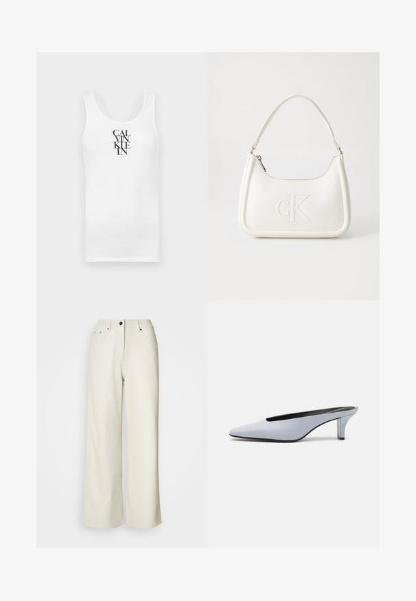 White tank top with a round neckline, made of cotton. Features vertical black text "CALVINKLEIN" in a bold serif font.; Cream wide-leg pants made of smooth fabric. Features a mid-rise waist, zipper fly, and two front pockets with black hardware accents.; Light blue patent leather mule with a pointed toe, low transparent heel, and a sleek design featuring a cut-out at the vamp.; White leather handbag with a curved shape, featuring an embossed "CK" logo on the front and a single shoulder strap. Zipper closure at top.