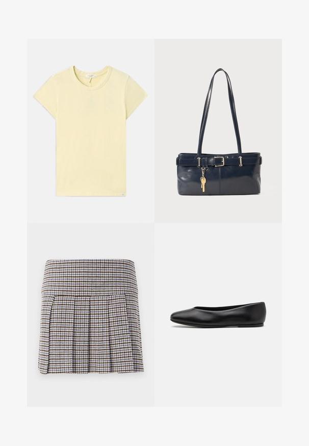 T-shirt jaune clair à manches courtes avec un col rond, texture douce, coupe standard et une petite étiquette de marque près de l'ourlet.; Jupe plissée dans un motif écossais marron, beige et bleu. Fabriquée à partir d'un tissu texturé avec une taille ajustée et des plis décoratifs.; Paul Smith TOPANGA - Ballerines - black; Sac à main en cuir bleu marine avec deux longues poignées, un détail de boucle et un porte-clés accroché. Il présente une texture lisse et une forme rectangulaire.