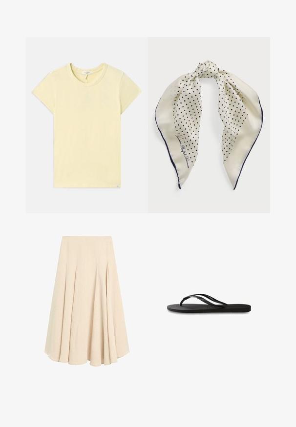 Helles gelbes T-Shirt mit kurzen Ärmeln, runder Ausschnitt, weicher Textur, normaler Schnitt und einem kleinen Markentag am Saum.; Beige Midirock in A-Linie mit Falten, aus leichtem Stoff, mit einem glatten Taillenbund und einem ausgestellten Saum.; Schwarze Flip-Flops mit einer strukturierten Gummisohle, zwei schlanken Riemen und einem dezenten, geprägten Logo-Detail auf dem Riemen.; Seidenschal mit einem cremfarbenen Hintergrund und marineblauen Punkten, in der Mitte gebunden; marineblauer Rand; enthält den Text "Lauren Ralph Lauren."; Braune Wildlederhandtasche mit strukturierter Form, silbernem Logo-Element, kurzem Tragegriff und abnehmbarem Schultergurt. Glatte Textur, minimalistisches Design.