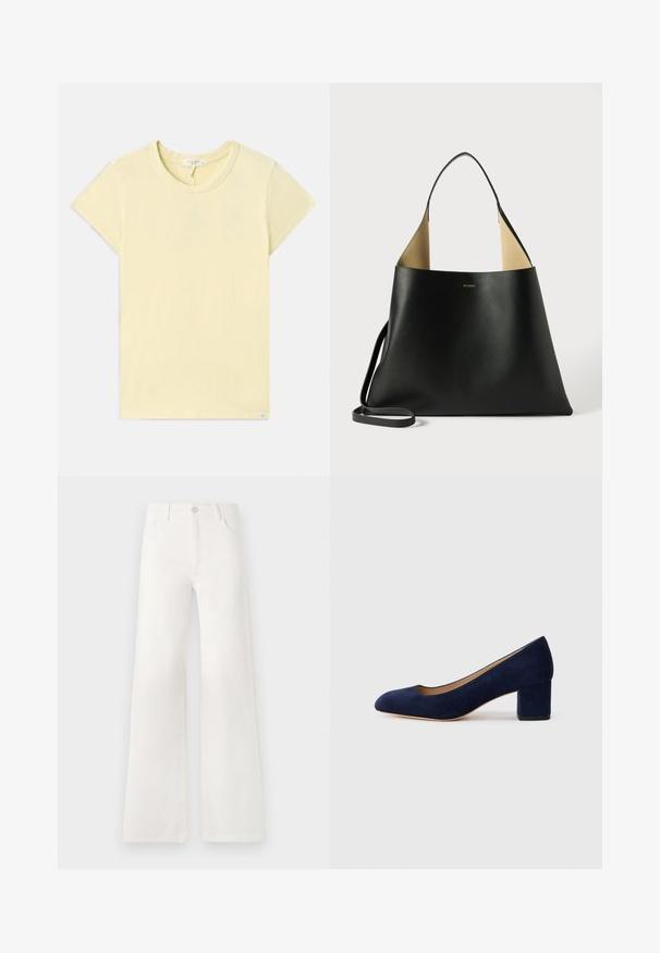 T-shirt jaune clair à manches courtes avec un col rond, texture douce, coupe standard et une petite étiquette de marque près de l'ourlet.; Jean large blanc taille haute en denim. Se ferme par un bouton, dispose de deux poches avant et de coutures détaillées sur les côtés.; Escarpin en daim bleu marine avec un bout pointu et un talon bloc de hauteur intermédiaire. Texture lisse avec un subtil éclat et une petite découpe à l'avant.; Sac fourre-tout en cuir noir avec un design spacieux et angulaire. Dispose d'un intérieur tan en contraste et d'une fine bandoulière. Marque minimaliste affichée.
